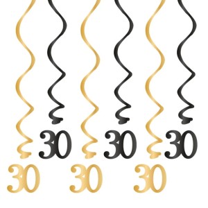 Świderki na 30-ste Urodziny. Dekoracja wisząca czarno złota 85cm 6szt