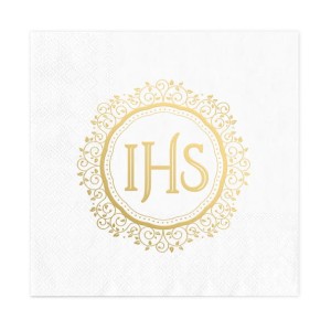 Serwetki Komunijne białe ze złotym nadrukiem IHS 10szt