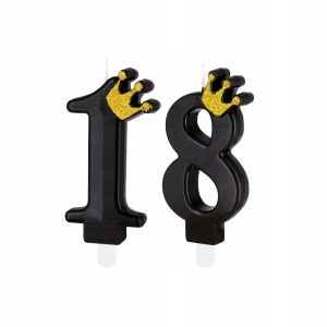 Świeczka urodzinowa czarna złota korona cyfry 18 na tort