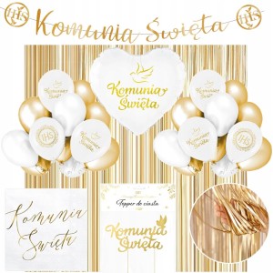 Zestaw Dekoracyjny Kurtyna Balony na I Komunię Świętą Serwetki Topper