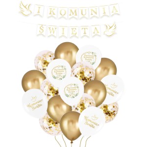Zestaw na pierwszą komunię 19szt - balony i baner komunijny