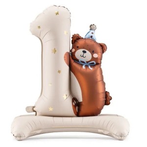 Piękny balon foliowy na Roczek, Urodziny. Stojący cyfra 1 z misiem 97x75cm