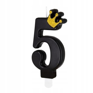 Świeczka urodzinowa czarna złota korona cyfra 5 na tort