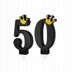 Świeczka urodzinowa czarna złota korona cyfry 50 na tort