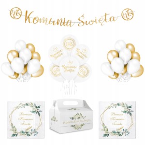 Zestaw komunijny Eukaliptus balony baner serwetki pudełka