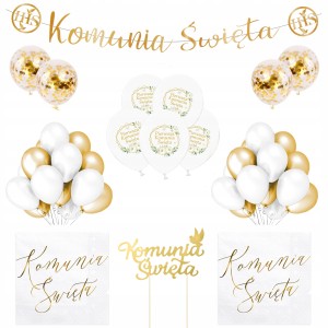 Zestaw I Komunia Święta Balony białe i złote Serwetki Baner Topper 55el