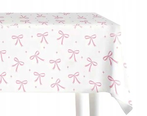 Obrus foliowy na Urodziny Obrus biały w różowe kokardki 137x274cm