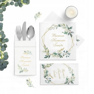 Zestaw na Komunię Świętą Serwetki i Kieszonki Komunijne Eukaliptus - 65szt