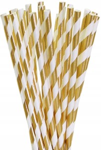 Słomki papierowe białe w złote paski 19,5cm 10szt