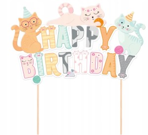 Topper na tort HAPPY BIRTHDAY Kotki na Urodziny dla Dzieci Kolorowy 14,5cm