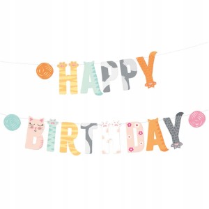 Baner HAPPY BIRTHDAY Kotki na Urodziny dla Dzieci Kolorowy 200cm x 18 cm