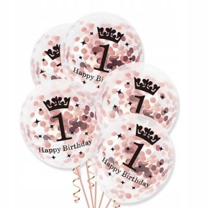 Balony na Roczek 1 Urodziny z Konfetti Rose Gold 30cm 5szt