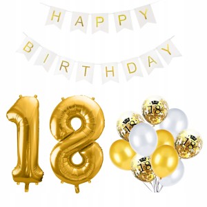 Balony Zestaw 18 Urodziny Osiemnastka Gold + White