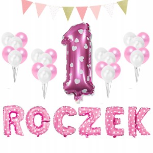 ZESTAW BALONY na ROCZEK URODZINY PINK & WHITE