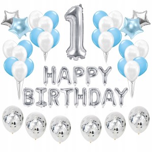 Zestaw Balonów ROCZEK SILVER & BLUE z Konfetti