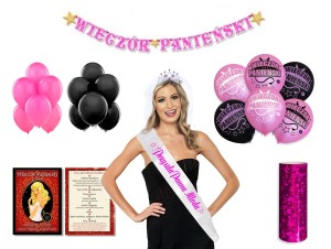 ZESTAW DEKORACJI NA WIECZÓR PANIEŃSKI Tiara Szarfa